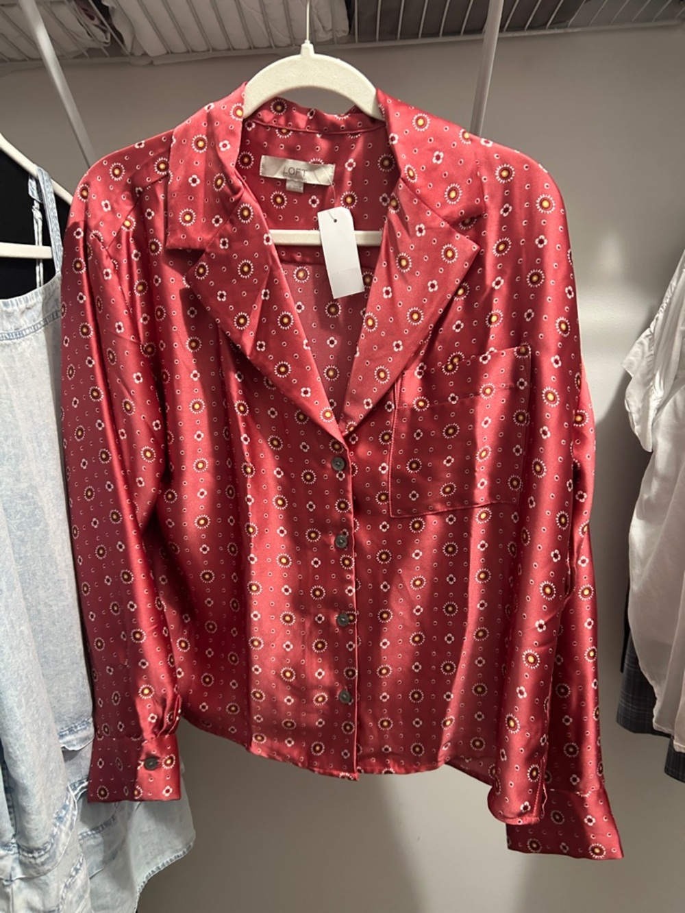 LOFT- Silky Red Printed Button-Down Top